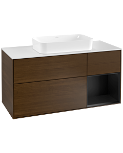 Villeroy und Boch Finion Waschtischunterschrank G301PDGN 120cm, Abdeckplatte white matt, Emotion, Regal rechts Black matt lacquer, Walnut veneer
