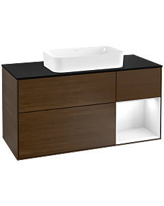 Villeroy und Boch Finion Waschtischunterschrank G302GFGN 120cm, Abdeckplatte black matt, Emotion, Regal rechts Glossy white lacquer, Walnut veneer