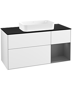 Villeroy und Boch Finion Waschtischunterschrank G302GKGF 120cm, Abdeckplatte black matt, Emotion, Regal rechts Anthracite matt, Glossy white lacquer