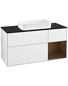 Villeroy und Boch Finion Waschtischunterschrank G302GNGF 120cm, Abdeckplatte black matt, Emotion, Regal rechts Walnut veneer, Glossy white lacquer