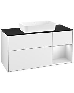 Villeroy und Boch Finion Waschtischunterschrank G302MTGF 120cm, Abdeckplatte black matt, Emotion, Regal rechts White matt lacquer, Glossy white lacquer