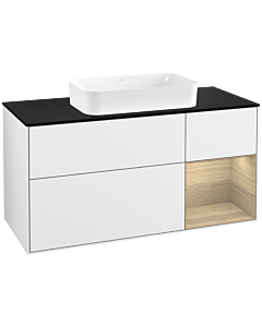 Villeroy und Boch Finion Waschtischunterschrank G302PCGF 120cm, Abdeckplatte black matt, Emotion, Regal rechts Oak Veneer, Glossy white lacquer