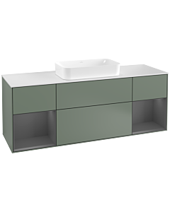 Villeroy und Boch Finion Waschtischunterschrank G331GKGM 160cm, Abdeckplatte white matt, Emotion, Regale Anthracite matt lacquer, Olive Matt Lacquer