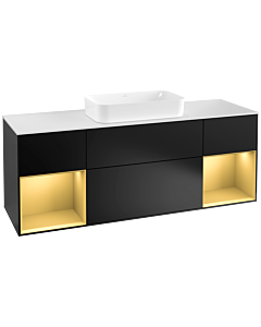 Villeroy und Boch Finion Villeroy und Boch G331HFPD 160cm, plaque de recouvrement blanc mat, Emotion, étagères laqué or mat, laqué noir mat