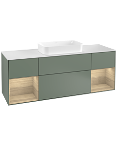 Villeroy und Boch Finion Waschtischunterschrank G331PCGM 160cm, Abdeckplatte white matt, Emotion, Regale Oak Veneer, Olive Matt Lacquer