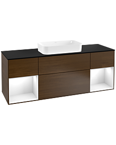 Villeroy und Boch Finion Waschtischunterschrank G332GFGN 160cm, Abdeckplatte black matt, Emotion, Regale Glossy white lacquer, Walnut veneer