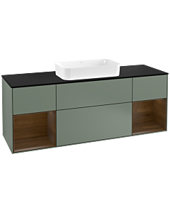 Villeroy und Boch Finion Waschtischunterschrank G332GNGM 160cm, Abdeckplatte black matt, Emotion, Regale Walnut veneer, Olive Matt Lacquer