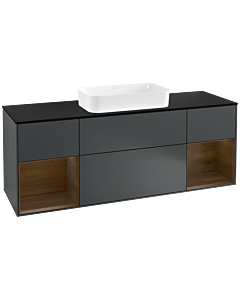 Villeroy und Boch Finion Waschtischunterschrank G332GNHG 160cm, Abdeckplatte black matt, Emotion, Regale Walnut veneer, Midnight Blue Matt Lacquer