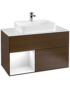 Villeroy und Boch Finion Villeroy und Boch Finion G361GFGN 100cm, cover plate white matt, Emotion, shelf left Glossy white lacquer, walnut veneer