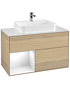 Villeroy und Boch Finion Waschtischunterschrank G361GFPC 100cm, Abdeckplatte white matt, Emotion, Regal links Glossy white lacquer, Oak Veneer