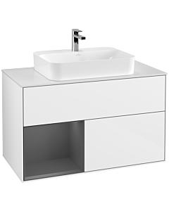 Villeroy und Boch Finion Waschtischunterschrank G361GKGF 100cm, Abdeckplatte white matt, Emotion, Regal links Anthracite matt, Glossy white lacquer