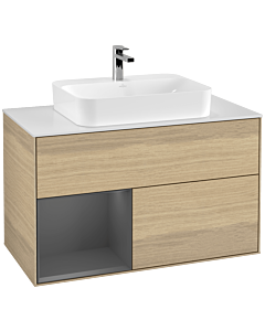 Villeroy und Boch Finion Waschtischunterschrank G361GKPC 100cm, Abdeckplatte white matt, Emotion, Regal links Anthracite matt, Oak Veneer