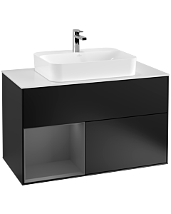 Villeroy und Boch Finion Waschtischunterschrank G361GKPD 100cm, Abdeckplatte white matt, Emotion, Regal links Anthracite matt, Black matt lacquer