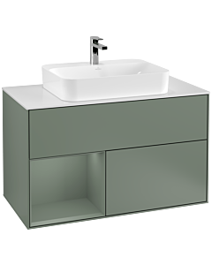 Villeroy und Boch Finion Waschtischunterschrank G361GMGM 100cm, Abdeckplatte white matt, Emotion, Regal links Olive Matt Lacquer, Olive Matt Lacquer