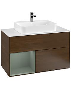 Villeroy und Boch Finion Waschtischunterschrank G361GMGN 100cm, Abdeckplatte white matt, Emotion, Regal links Olive Matt Lacquer, Walnut veneer