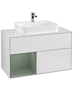 Villeroy und Boch Finion Waschtischunterschrank G361GMMT 100cm, Abdeckplatte white matt, Emotion, Regal links Olive Matt Lacquer, White matt lacquer