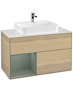 Villeroy und Boch Finion Waschtischunterschrank G361GMPC 100cm, Abdeckplatte white matt, Emotion, Regal links Olive Matt Lacquer, Oak Veneer