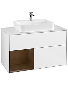 Villeroy und Boch Finion Waschtischunterschrank G361GNGF 100cm, Abdeckplatte white matt, Emotion, Regal links Walnut veneer, Glossy white lacquer