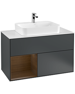 Villeroy und Boch Finion Waschtischunterschrank G361GNHG 100cm, Abdeckplatte white matt, Emotion, Regal links Walnut veneer, Midnight Blue Matt Lacquer