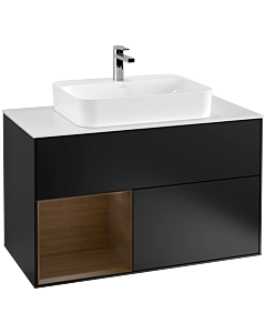 Villeroy und Boch Finion Waschtischunterschrank G361GNPD 100cm, Abdeckplatte white matt, Emotion, Regal links Walnut veneer, Black matt lacquer