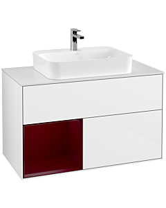 Villeroy und Boch Finion Waschtischunterschrank G361HBGF 100cm, Abdeckplatte white matt, Emotion, Regal links Peony, Glossy white lacquer