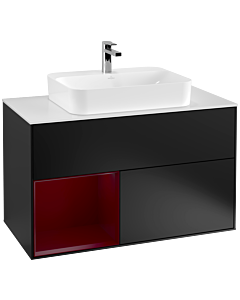 Villeroy und Boch Finion Waschtischunterschrank G361HBPD 100cm, Abdeckplatte white matt, Emotion, Regal links Peony, Black matt lacquer
