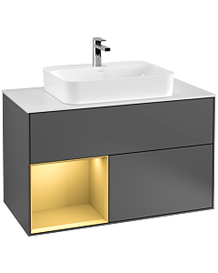 Villeroy und Boch Finion Villeroy und Boch G361HFGK 100cm, plaque de recouvrement blanc mat, Emotion, étagère gauche or mat, anthracite mat