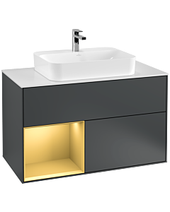 Villeroy und Boch Finion Waschtischunterschrank G361HFHG 100cm, Abdeckplatte white matt, Emotion, Regal links Gold matt, Midnight Blue Matt Lacquer
