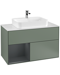 Villeroy und Boch Finion Waschtischunterschrank G361HGGM 100cm, Abdeckplatte white matt, Emotion, Regal links Midnight Blue Matt Lacquer, Olive Matt Lacquer