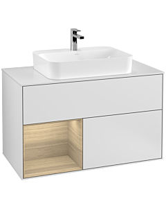 Villeroy und Boch Finion Waschtischunterschrank G361PCMT 100cm, Abdeckplatte white matt, Emotion, Regal links Oak Veneer, White matt lacquer