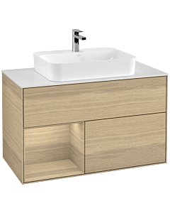 Villeroy und Boch Finion Waschtischunterschrank G361PCPC 100cm, Abdeckplatte white matt, Emotion, Regal links Oak Veneer, Oak Veneer