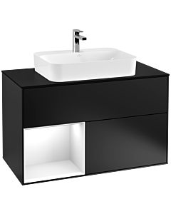 Villeroy und Boch Finion Waschtischunterschrank G362GFPD 100cm, Abdeckplatte black matt, Emotion, Regal links Glossy white lacquer, Black matt lacquer