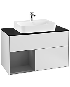 Villeroy und Boch Finion Waschtischunterschrank G362GKMT 100cm, Abdeckplatte black matt, Emotion, Regal links Anthracite matt, White matt lacquer
