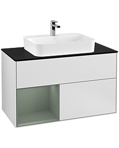 Villeroy und Boch Finion Waschtischunterschrank G362GMMT 100cm, Abdeckplatte black matt, Emotion, Regal links Olive Matt Lacquer, White matt lacquer