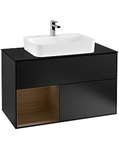 Villeroy und Boch Finion Waschtischunterschrank G362GNPD 100cm, Abdeckplatte black matt, Emotion, Regal links Walnut veneer, Black matt lacquer