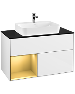 Villeroy und Boch Finion Waschtischunterschrank G362HFGF 100cm, Abdeckplatte black matt, Emotion, Regal links Gold matt, Glossy white lacquer