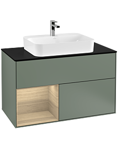 Villeroy und Boch Finion Waschtischunterschrank G362PCGM 100cm, Abdeckplatte black matt, Emotion, Regal links Oak Veneer, Olive Matt Lacquer
