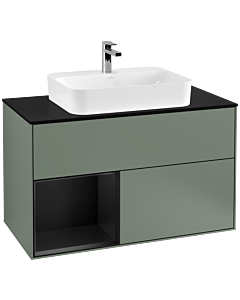 Villeroy und Boch Finion Waschtischunterschrank G362PDGM 100cm, Abdeckplatte black matt, Emotion, Regal links Black matt lacquer, Olive Matt Lacquer