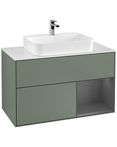 Villeroy und Boch Finion Waschtischunterschrank G371GKGM 100cm, Abdeckplatte white matt, Emotion, Regal rechts Anthracite matt, Olive Matt Lacquer