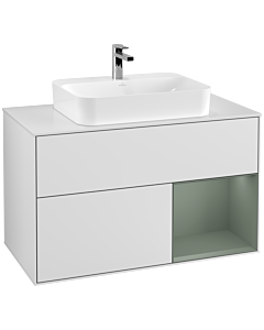 Villeroy und Boch Finion Waschtischunterschrank G371GMMT 100cm, Abdeckplatte white matt, Emotion, Regal rechts Olive Matt Lacquer, White matt lacquer