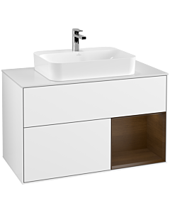 Villeroy und Boch Finion Villeroy und Boch G371GNGF 100cm, plaque de finition blanc mat, émotion, étagère à droite placage noyer, laqué blanc brillant
