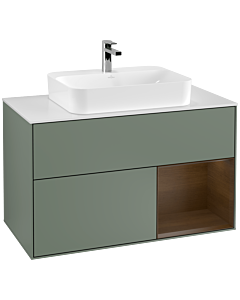 Villeroy und Boch Finion Waschtischunterschrank G371GNGM 100cm, Abdeckplatte white matt, Emotion, Regal rechts Walnut veneer, Olive Matt Lacquer