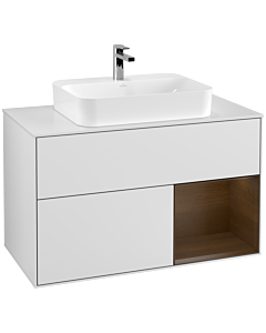 Villeroy und Boch Finion Waschtischunterschrank G371GNMT 100cm, Abdeckplatte white matt, Emotion, Regal rechts Walnut veneer, White matt lacquer