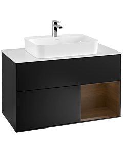 Villeroy und Boch Finion Villeroy und Boch G371GNPD 100cm, plaque de recouvrement blanc mat, émotion, étagère à droite placage noyer, laqué noir mat