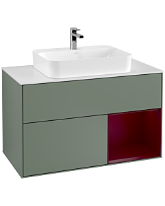 Villeroy und Boch Finion Waschtischunterschrank G371HBGM 100cm, Abdeckplatte white matt, Emotion, Regal rechts Peony, Olive Matt Lacquer