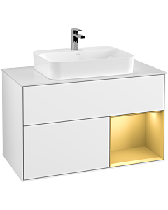 Villeroy und Boch Finion Villeroy und Boch G371HFGF 100cm, plaque de recouvrement blanc mat, Emotion, étagère à droite or mat, Laque blanc brillant
