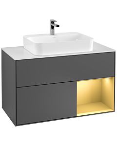 Villeroy und Boch Finion Waschtischunterschrank G371HFGK 100cm, Abdeckplatte white matt, Emotion, Regal rechts Gold matt, Anthracite matt