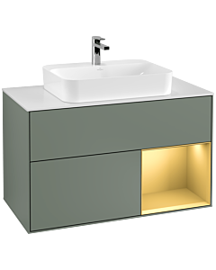 Villeroy und Boch Finion Waschtischunterschrank G371HFGM 100cm, Abdeckplatte white matt, Emotion, Regal rechts Gold matt, Olive Matt Lacquer