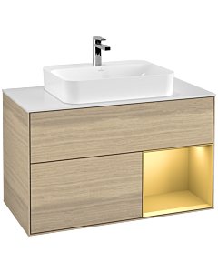 Villeroy und Boch Finion Villeroy und Boch G371HFPC 100cm, plaque de recouvrement blanc mat, Emotion, étagère droite or mat, Oak Veneer