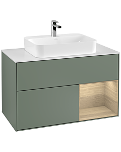 Villeroy und Boch Finion Waschtischunterschrank G371PCGM 100cm, Abdeckplatte white matt, Emotion, Regal rechts Oak Veneer, Olive Matt Lacquer